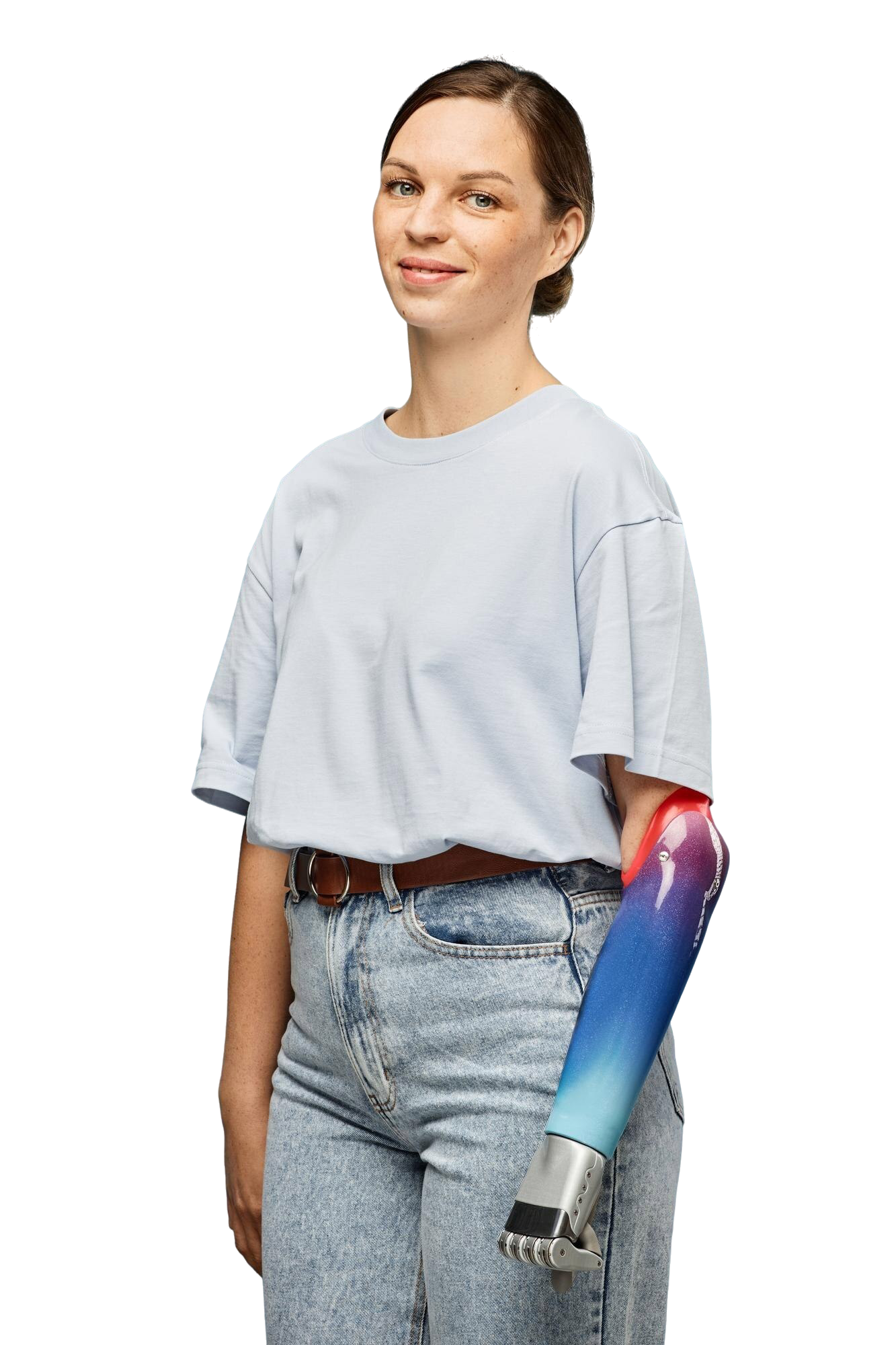 portrait-smiling-young-woman-jeans-white-tshirt-clenching-prosthetic-fist