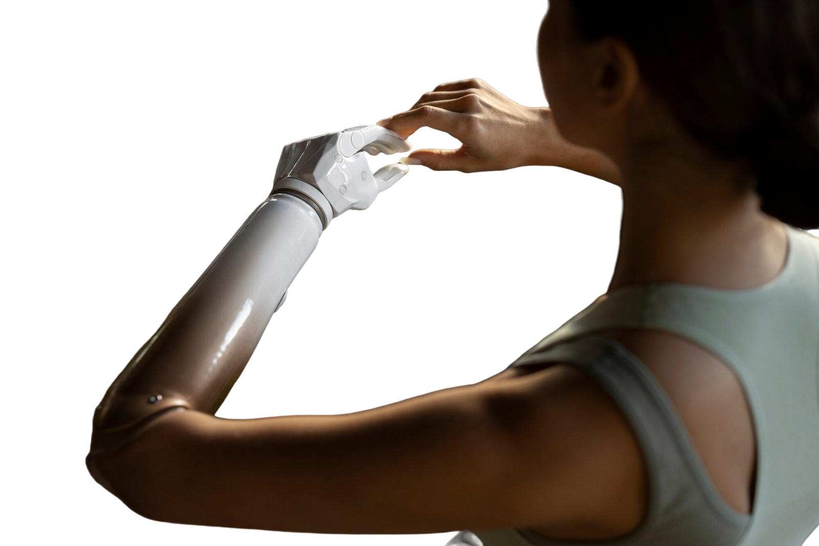 side-view-woman-with-prosthetic-arm (1) Below Elbow Prosthetic